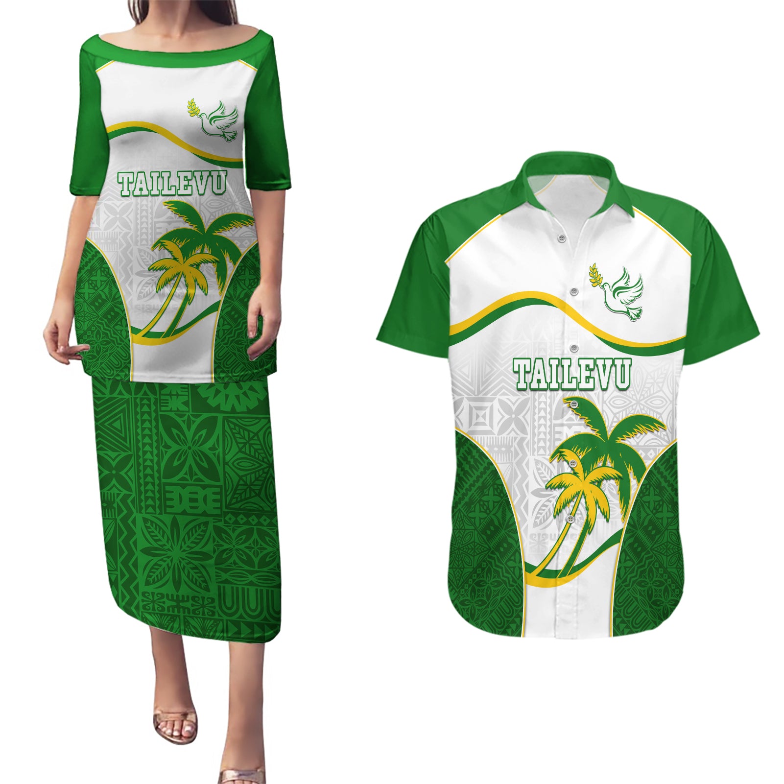 Custom Tailevu Rugby Couples Matching Puletasi and Hawaiian Shirt Fiji Tapa Pattern LT05 Green - Polynesian Pride