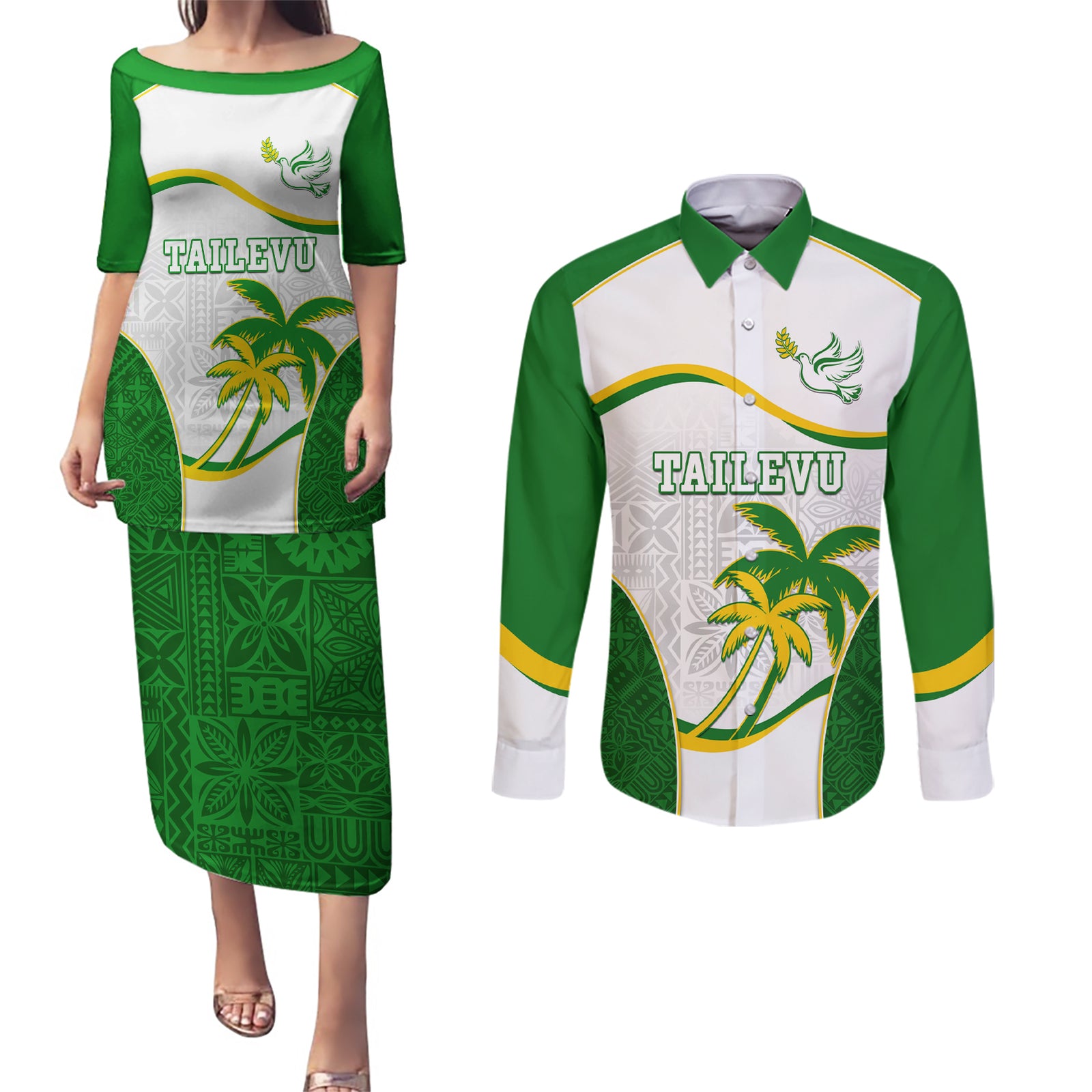 Custom Tailevu Rugby Couples Matching Puletasi and Long Sleeve Button Shirt Fiji Tapa Pattern LT05 Green - Polynesian Pride