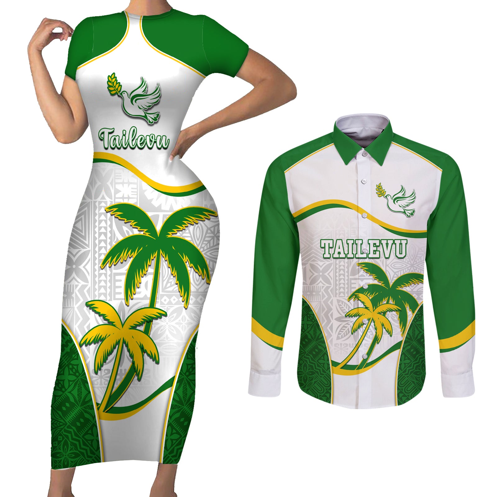 Custom Tailevu Rugby Couples Matching Short Sleeve Bodycon Dress and Long Sleeve Button Shirt Fiji Tapa Pattern LT05 Green - Polynesian Pride