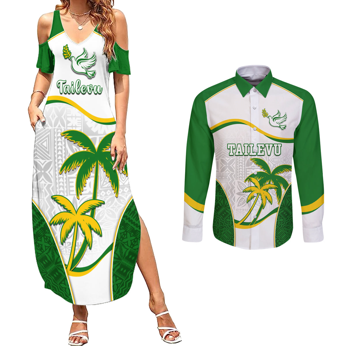 Custom Tailevu Rugby Couples Matching Summer Maxi Dress and Long Sleeve Button Shirt Fiji Tapa Pattern LT05 Green - Polynesian Pride