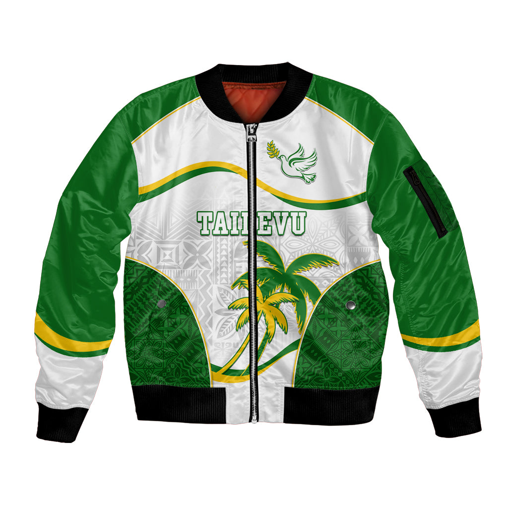 Custom Tailevu Rugby Sleeve Zip Bomber Jacket Fiji Tapa Pattern LT05 Unisex Green - Polynesian Pride