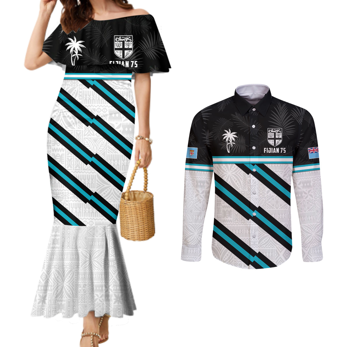 Custom Fiji Rugby Couples Matching Mermaid Dress and Long Sleeve Button Shirt Fijian 7s With Tapa Pattern LT05 White - Polynesian Pride