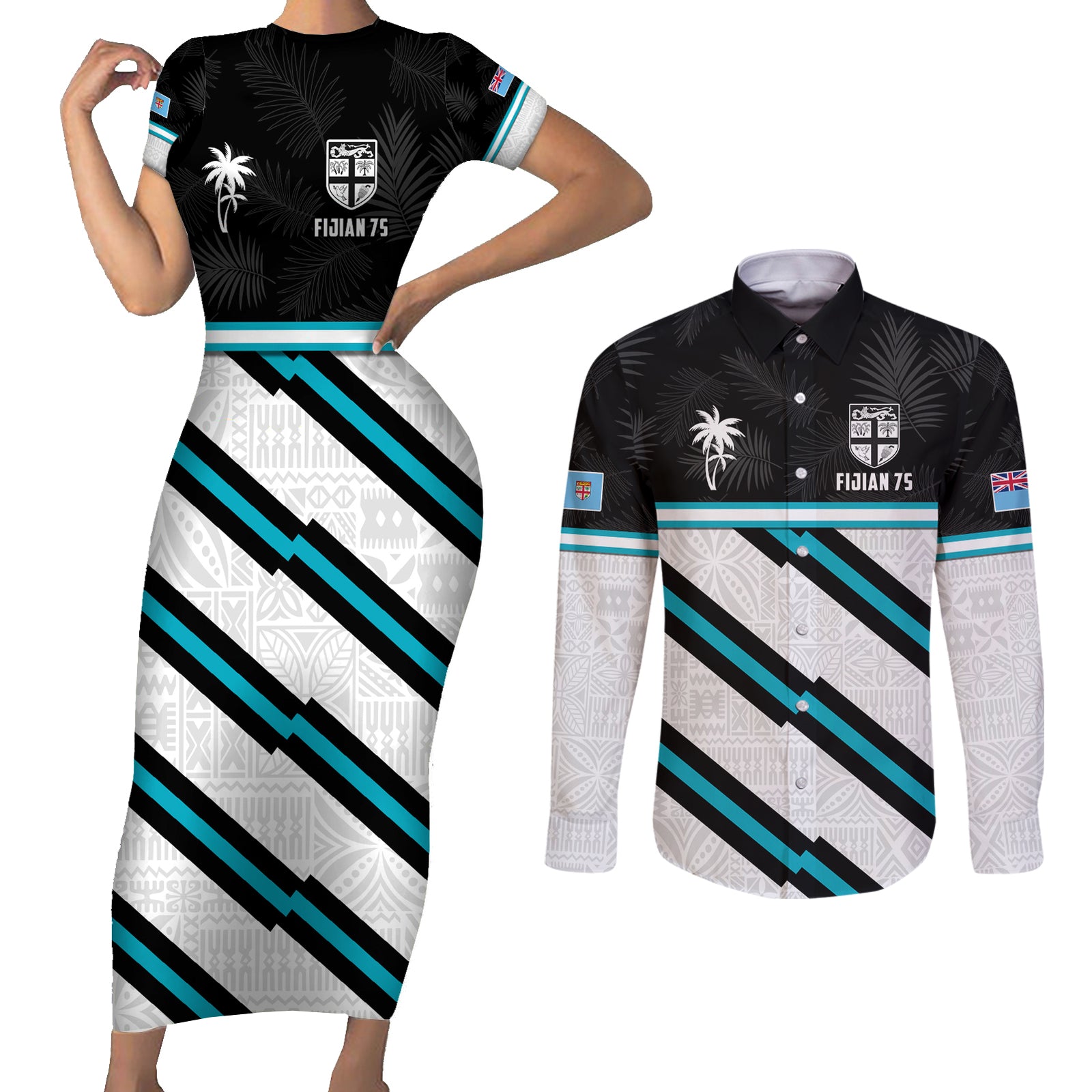 Custom Fiji Rugby Couples Matching Short Sleeve Bodycon Dress and Long Sleeve Button Shirt Fijian 7s With Tapa Pattern LT05 White - Polynesian Pride