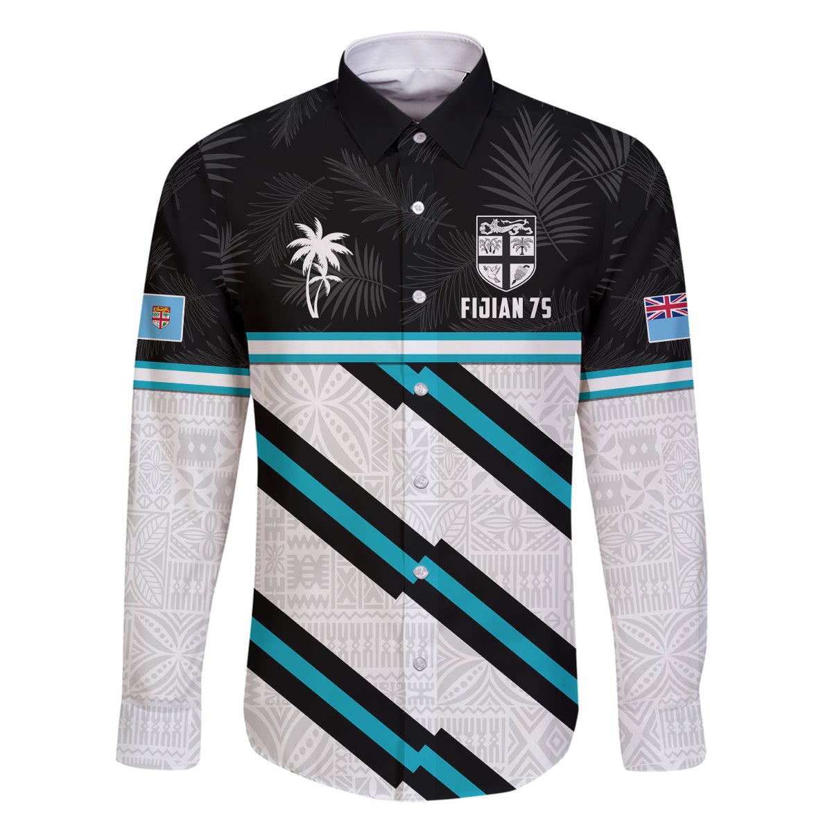 Custom Fiji Rugby Family Matching Off Shoulder Maxi Dress and Hawaiian Shirt Fijian 7s With Tapa Pattern LT05 Dad's Shirt - Long Sleeve White - Polynesian Pride