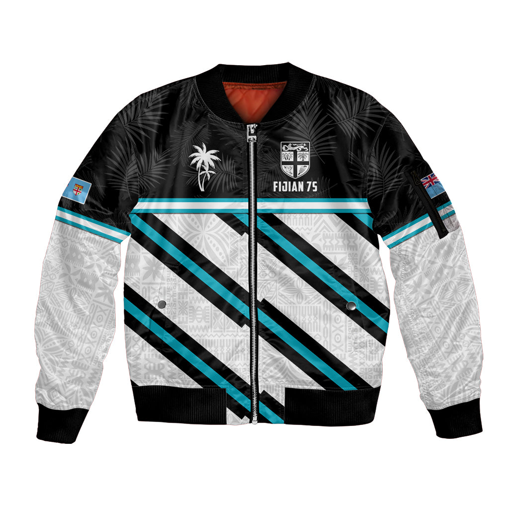 Custom Fiji Rugby Sleeve Zip Bomber Jacket Fijian 7s With Tapa Pattern LT05 Unisex White - Polynesian Pride