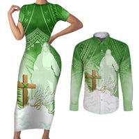 Happy Palm Sunday Couples Matching Short Sleeve Bodycon Dress and Long Sleeve Button Shirt With Polynesian Pattern LT05 Green - Polynesian Pride