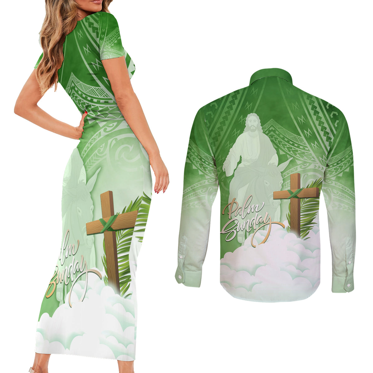 Happy Palm Sunday Couples Matching Short Sleeve Bodycon Dress and Long Sleeve Button Shirt With Polynesian Pattern LT05 - Polynesian Pride