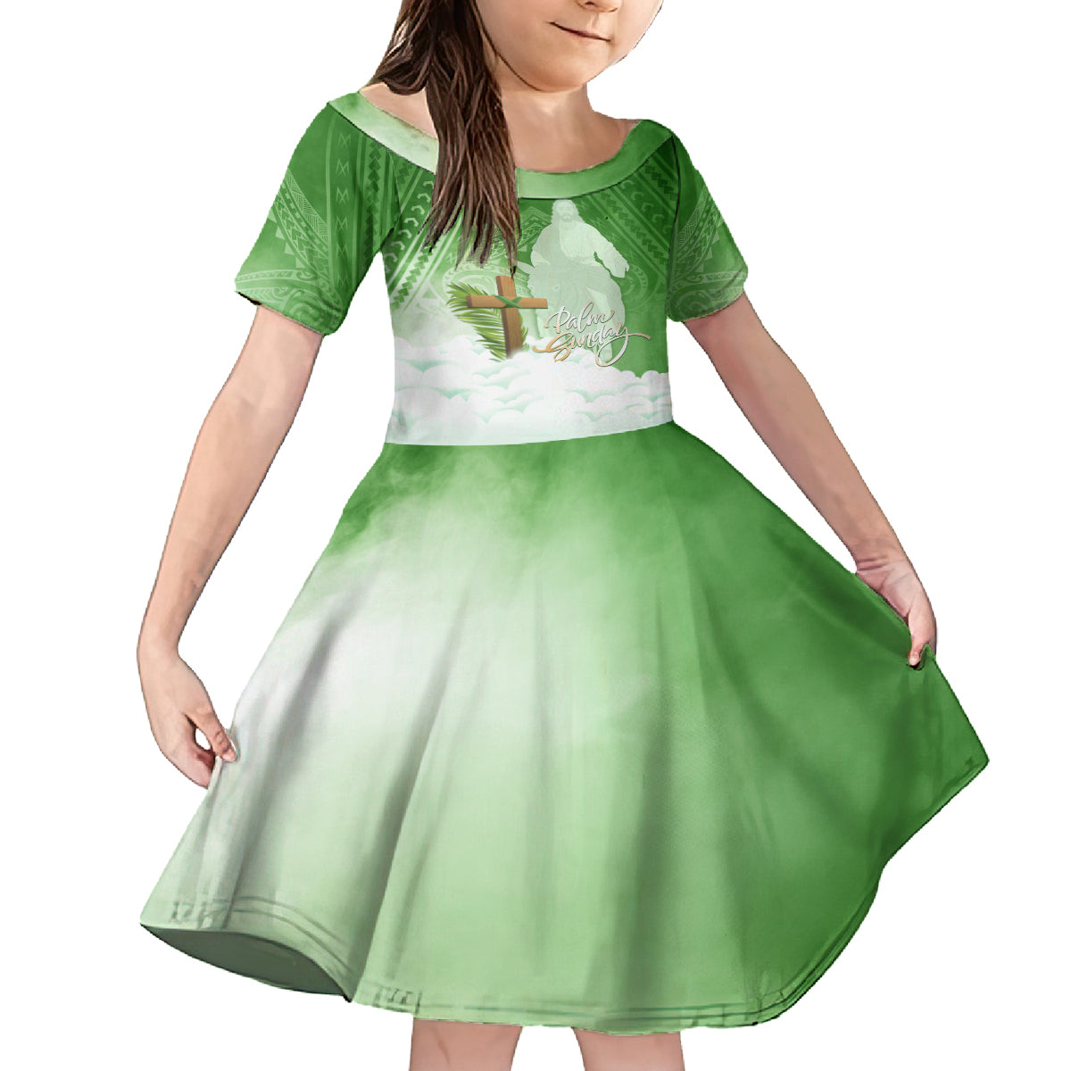 Happy Palm Sunday Family Matching Off Shoulder Maxi Dress and Hawaiian Shirt With Polynesian Pattern LT05 Daughter's Dress Green - Polynesian Pride