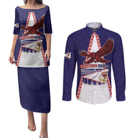 Personalised American Samoa Flag Day Couples Matching Puletasi and Long Sleeve Button Shirt Flag Style