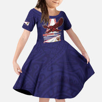 Personalised American Samoa Flag Day Family Matching Off The Shoulder Long Sleeve Dress and Hawaiian Shirt Flag Style LT05 Daughter's Dress Blue - Polynesian Pride