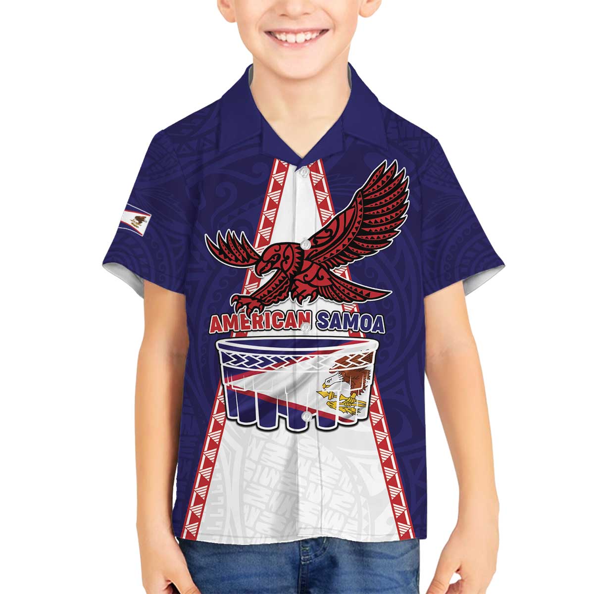 Personalised American Samoa Flag Day Family Matching Off The Shoulder Long Sleeve Dress and Hawaiian Shirt Flag Style LT05 Son's Shirt Blue - Polynesian Pride
