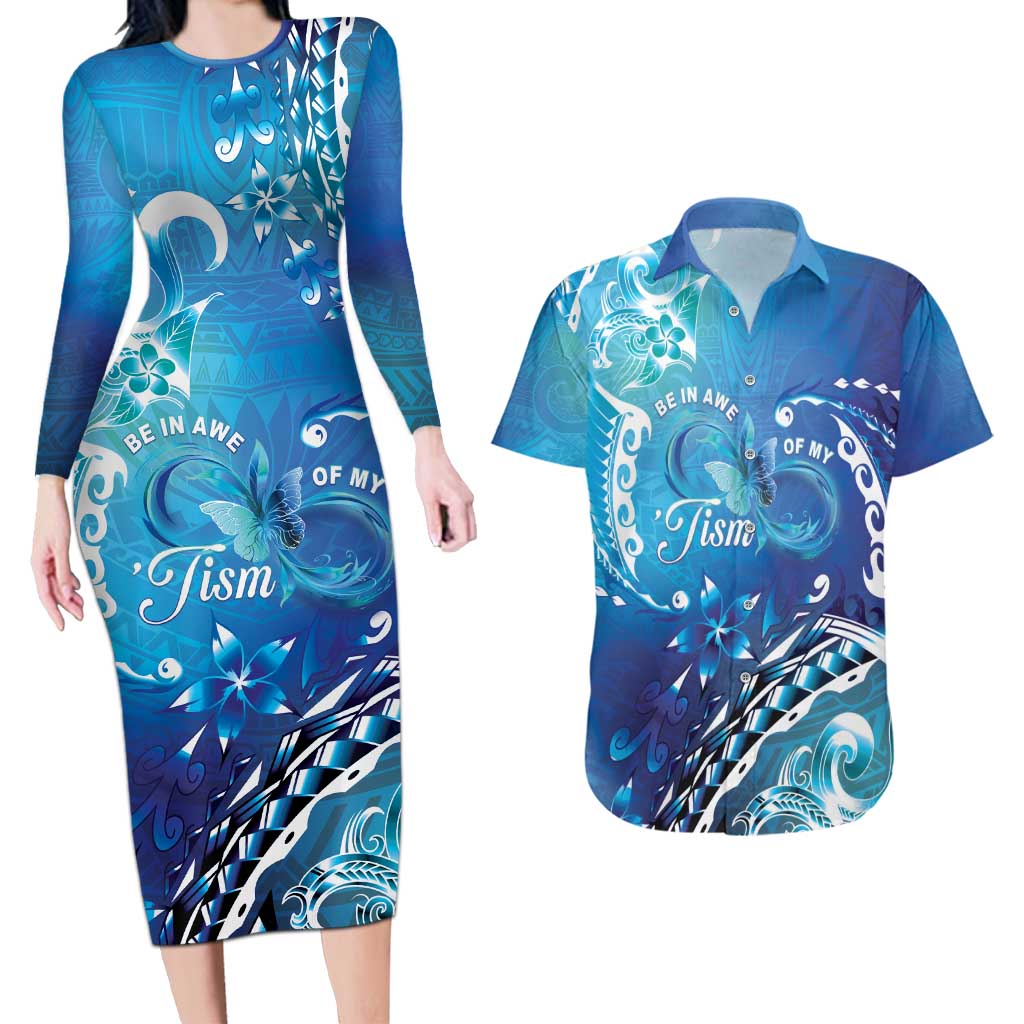 Polynesia Autism Awareness Couples Matching Long Sleeve Bodycon Dress and Hawaiian Shirt Be In Awe Of My 'Tism LT05 Blue - Polynesian Pride