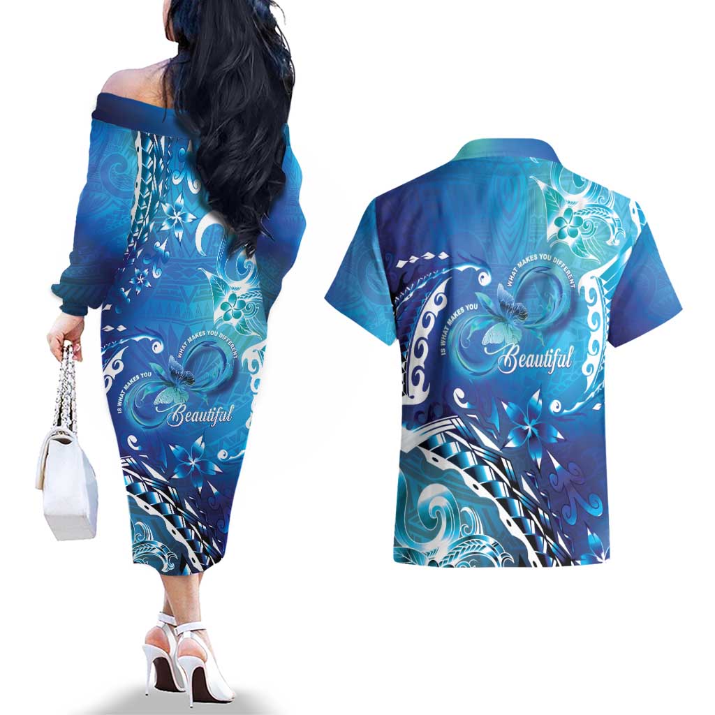 Polynesia Autism Awareness Couples Matching Off The Shoulder Long Sleeve Dress and Hawaiian Shirt Be In Awe Of My 'Tism LT05 - Polynesian Pride