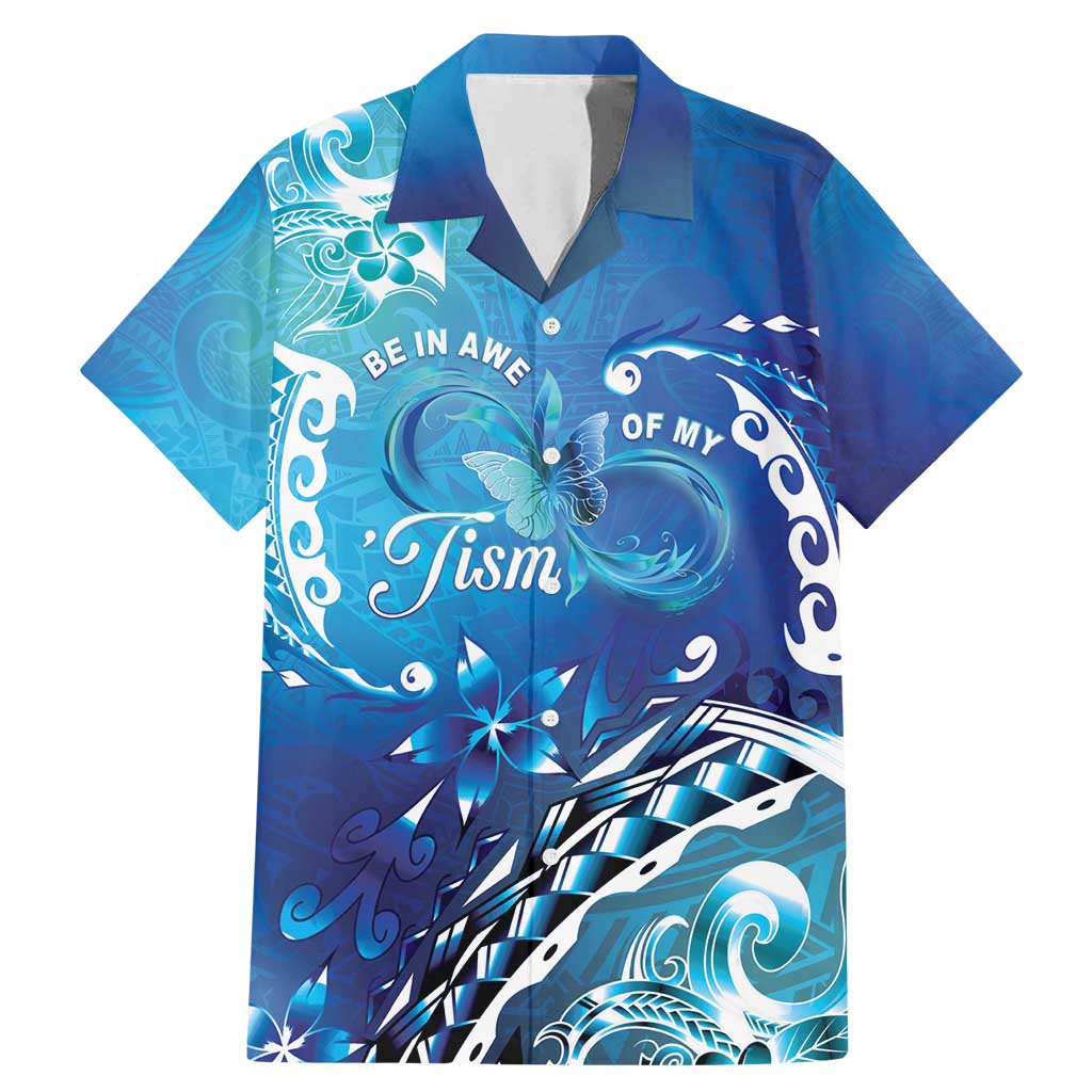 Polynesia Autism Awareness Family Matching Mermaid Dress and Hawaiian Shirt Be In Awe Of My 'Tism LT05 Dad's Shirt - Short Sleeve Blue - Polynesian Pride
