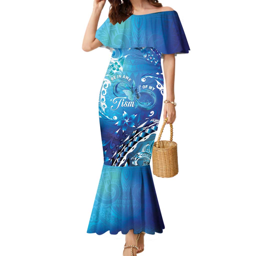 Polynesia Autism Awareness Family Matching Mermaid Dress and Hawaiian Shirt Be In Awe Of My 'Tism LT05 Mom's Dress Blue - Polynesian Pride
