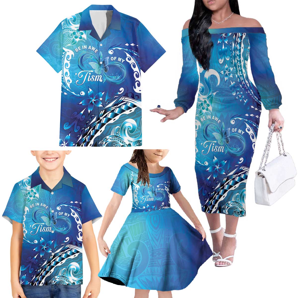Polynesia Autism Awareness Family Matching Off The Shoulder Long Sleeve Dress and Hawaiian Shirt Be In Awe Of My 'Tism LT05 - Polynesian Pride