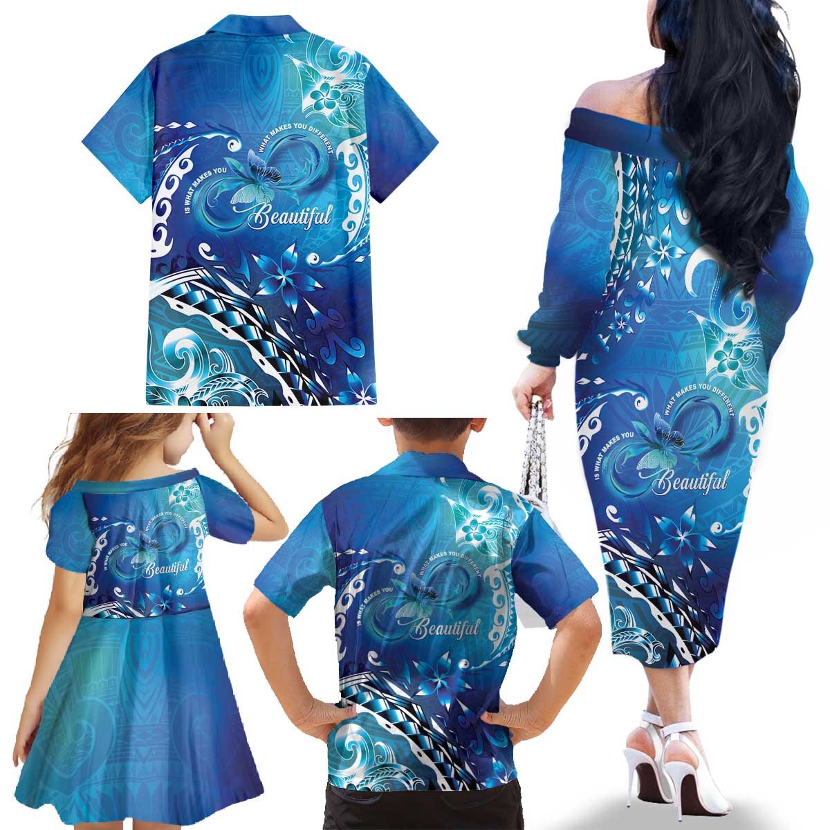 Polynesia Autism Awareness Family Matching Off The Shoulder Long Sleeve Dress and Hawaiian Shirt Be In Awe Of My 'Tism LT05 - Polynesian Pride