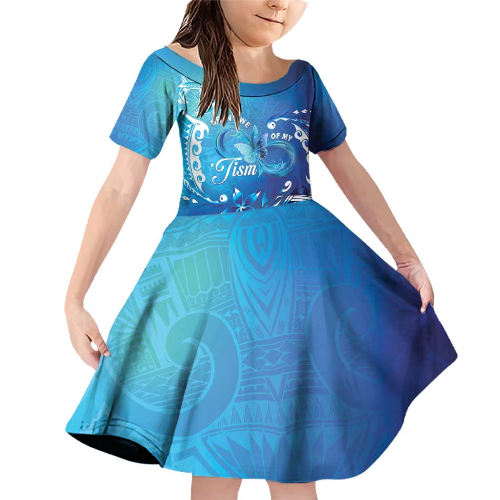 Polynesia Autism Awareness Family Matching Off Shoulder Short Dress and Hawaiian Shirt Be In Awe Of My 'Tism LT05 Daughter's Dress Blue - Polynesian Pride