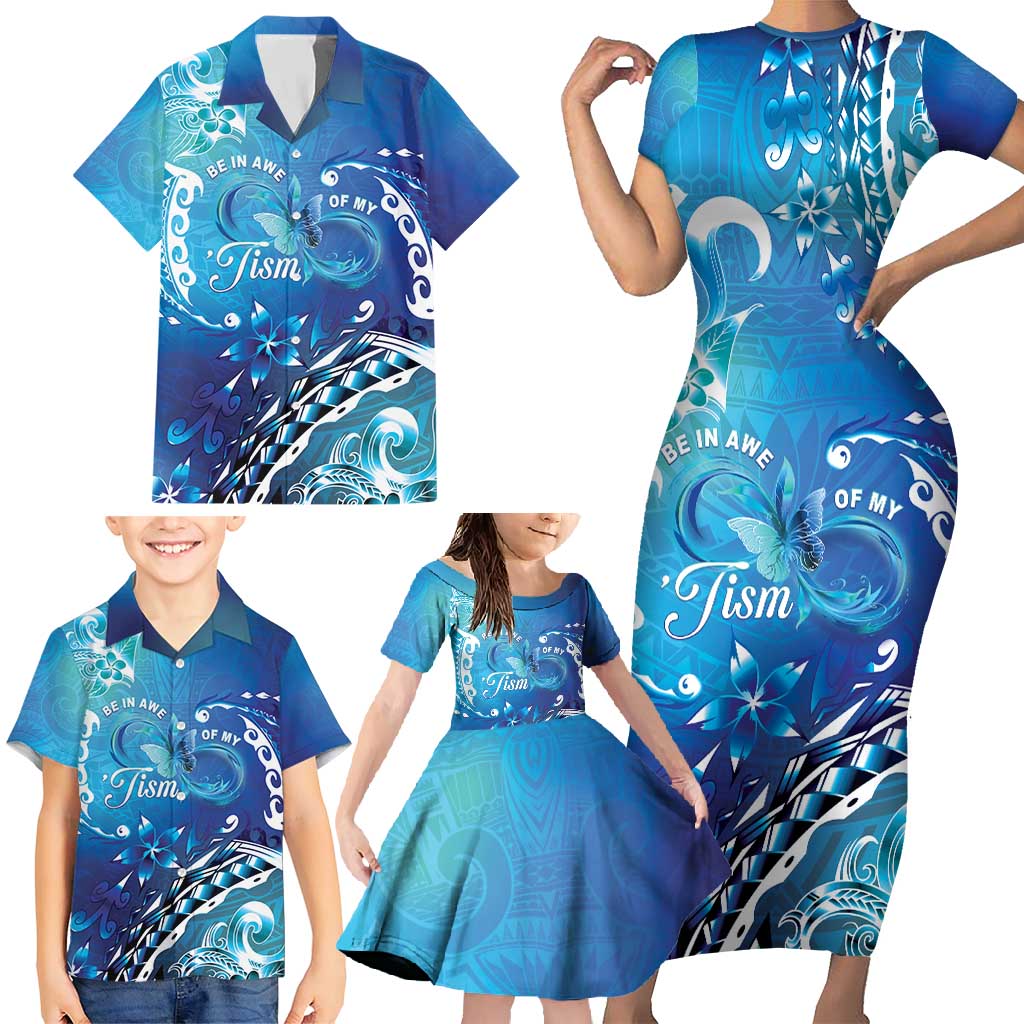 Polynesia Autism Awareness Family Matching Short Sleeve Bodycon Dress and Hawaiian Shirt Be In Awe Of My 'Tism LT05 - Polynesian Pride