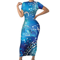 Polynesia Autism Awareness Family Matching Short Sleeve Bodycon Dress and Hawaiian Shirt Be In Awe Of My 'Tism LT05 Mom's Dress Blue - Polynesian Pride
