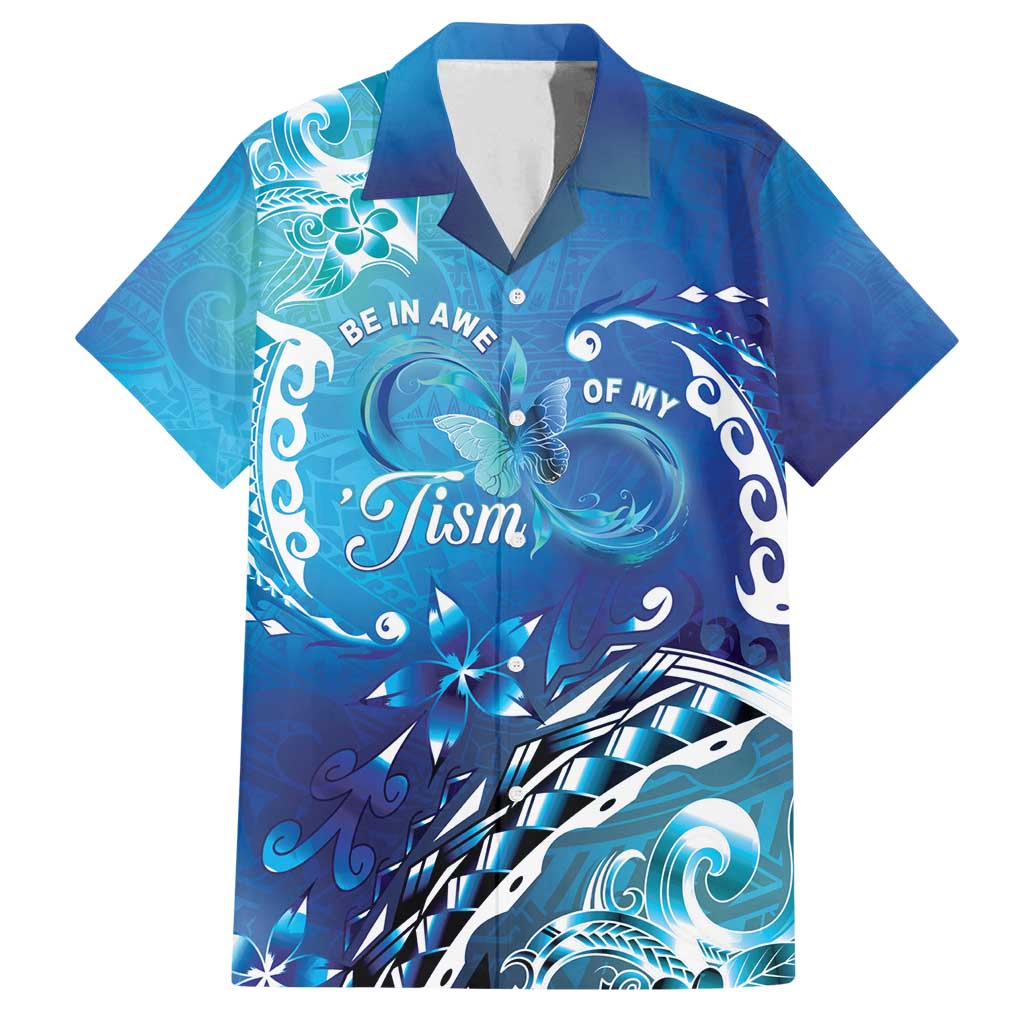 Polynesia Autism Awareness Family Matching Summer Maxi Dress and Hawaiian Shirt Be In Awe Of My 'Tism LT05 Dad's Shirt - Short Sleeve Blue - Polynesian Pride