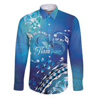 Polynesia Autism Awareness Family Matching Summer Maxi Dress and Hawaiian Shirt Be In Awe Of My 'Tism LT05 Dad's Shirt - Long Sleeve Blue - Polynesian Pride