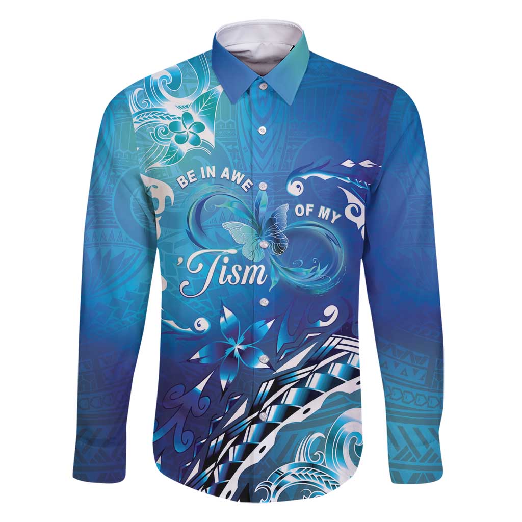 Polynesia Autism Awareness Family Matching Tank Maxi Dress and Hawaiian Shirt Be In Awe Of My 'Tism LT05 Dad's Shirt - Long Sleeve Blue - Polynesian Pride