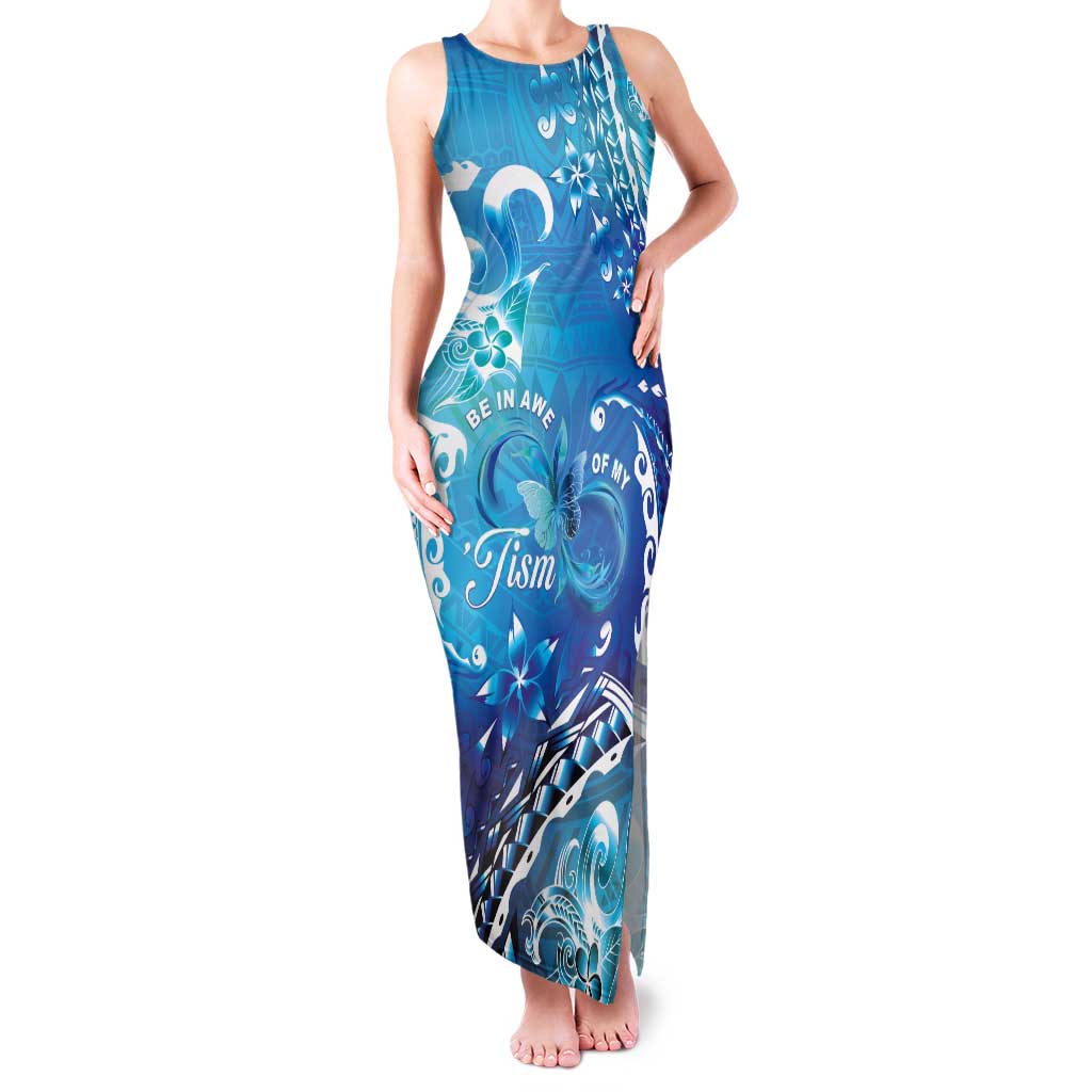 Polynesia Autism Awareness Family Matching Tank Maxi Dress and Hawaiian Shirt Be In Awe Of My 'Tism LT05 Mom's Dress Blue - Polynesian Pride