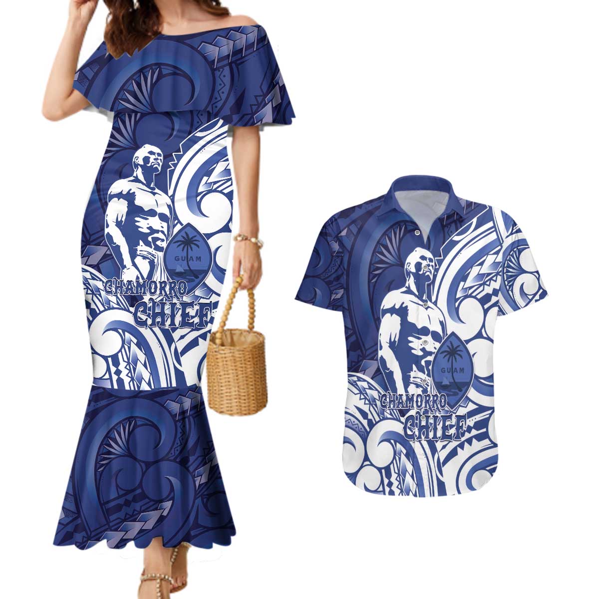 Guam Chief Kepuha Couples Matching Mermaid Dress and Hawaiian Shirt Chamorro Pride