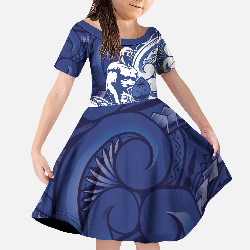 Guam Chief Kepuha Family Matching Short Sleeve Bodycon Dress and Hawaiian Shirt Chamorro Pride LT05 Daughter's Dress Blue - Polynesian Pride