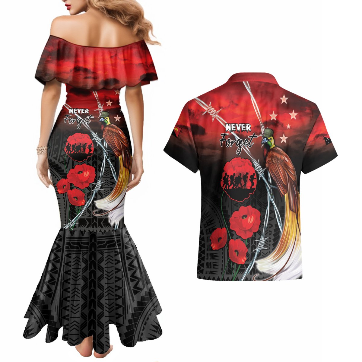 Papua New Guinea Remembrance Day Couples Matching Mermaid Dress and Hawaiian Shirt Lest We Forget