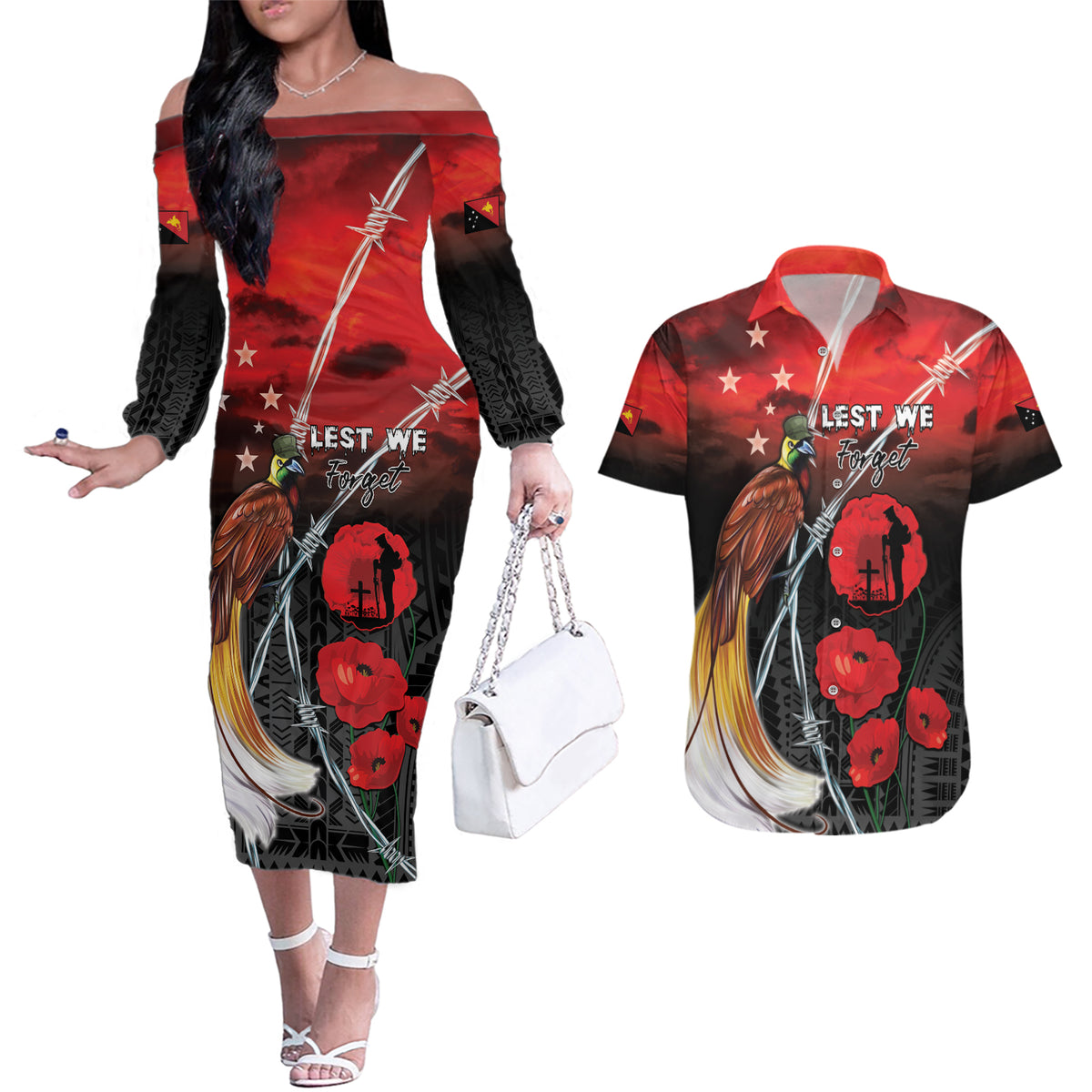 Papua New Guinea Remembrance Day Couples Matching Off The Shoulder Long Sleeve Dress and Hawaiian Shirt Lest We Forget