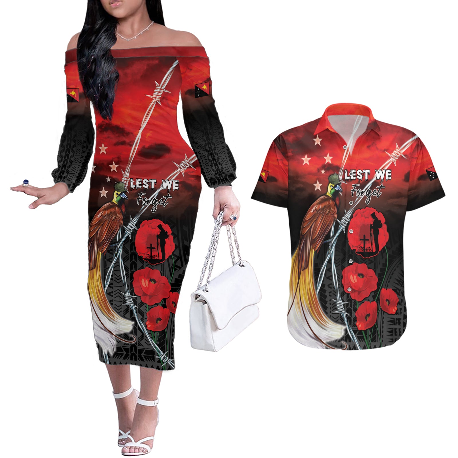 Papua New Guinea Remembrance Day Couples Matching Off The Shoulder Long Sleeve Dress and Hawaiian Shirt Lest We Forget