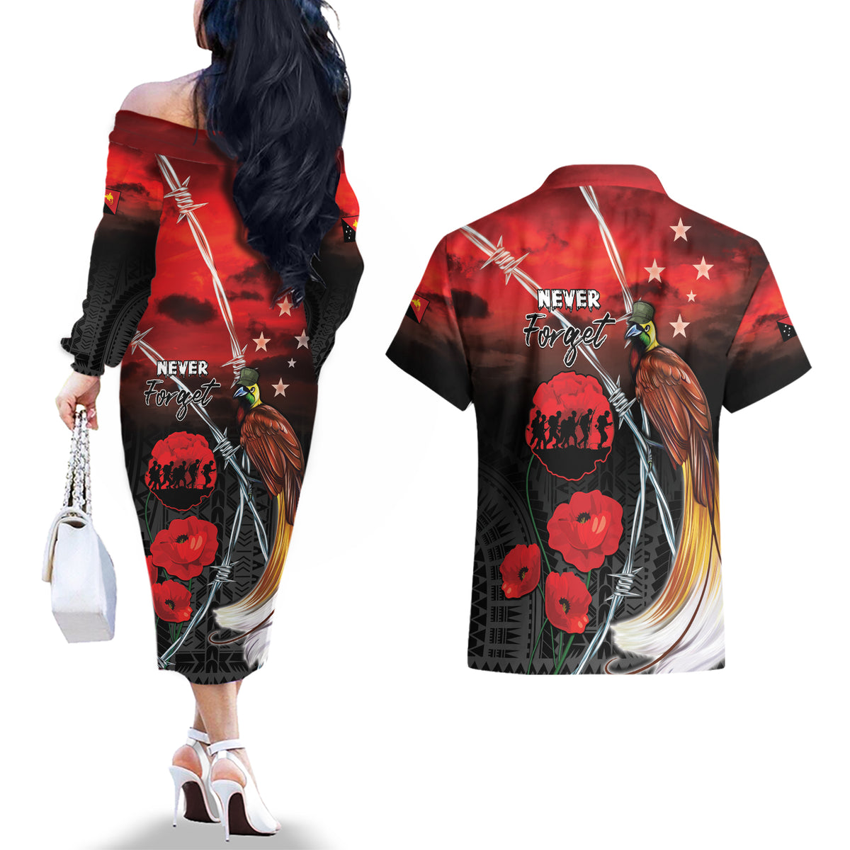 Papua New Guinea Remembrance Day Couples Matching Off The Shoulder Long Sleeve Dress and Hawaiian Shirt Lest We Forget