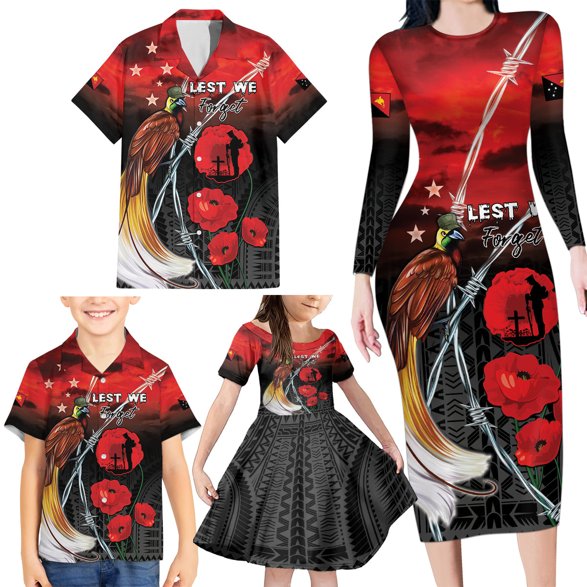 Papua New Guinea Remembrance Day Family Matching Long Sleeve Bodycon Dress and Hawaiian Shirt Lest We Forget LT05 - Polynesian Pride