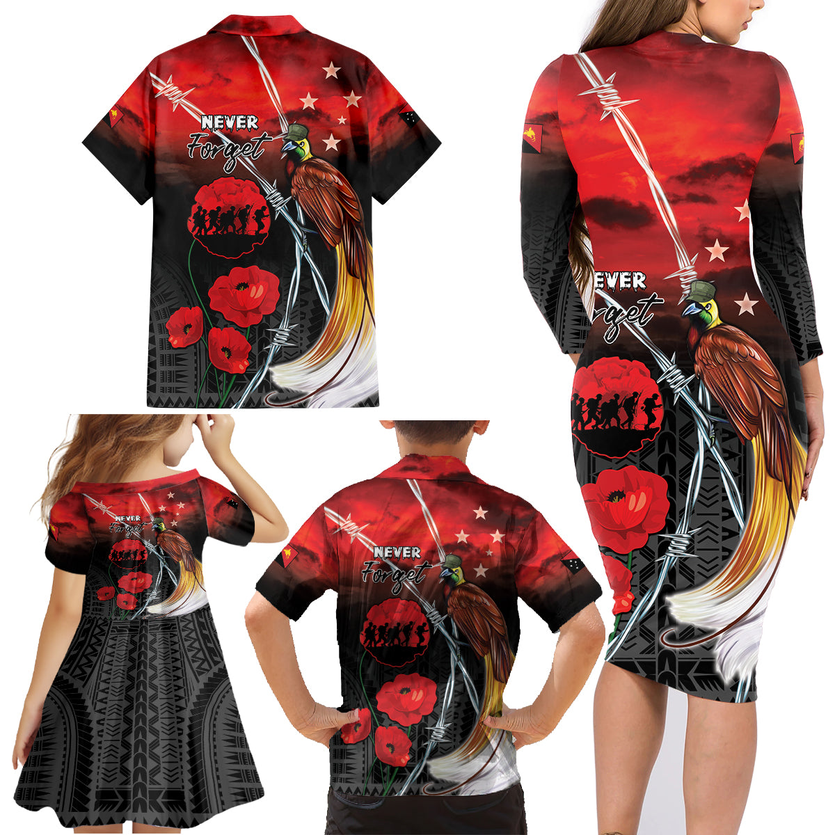 Papua New Guinea Remembrance Day Family Matching Long Sleeve Bodycon Dress and Hawaiian Shirt Lest We Forget LT05 - Polynesian Pride