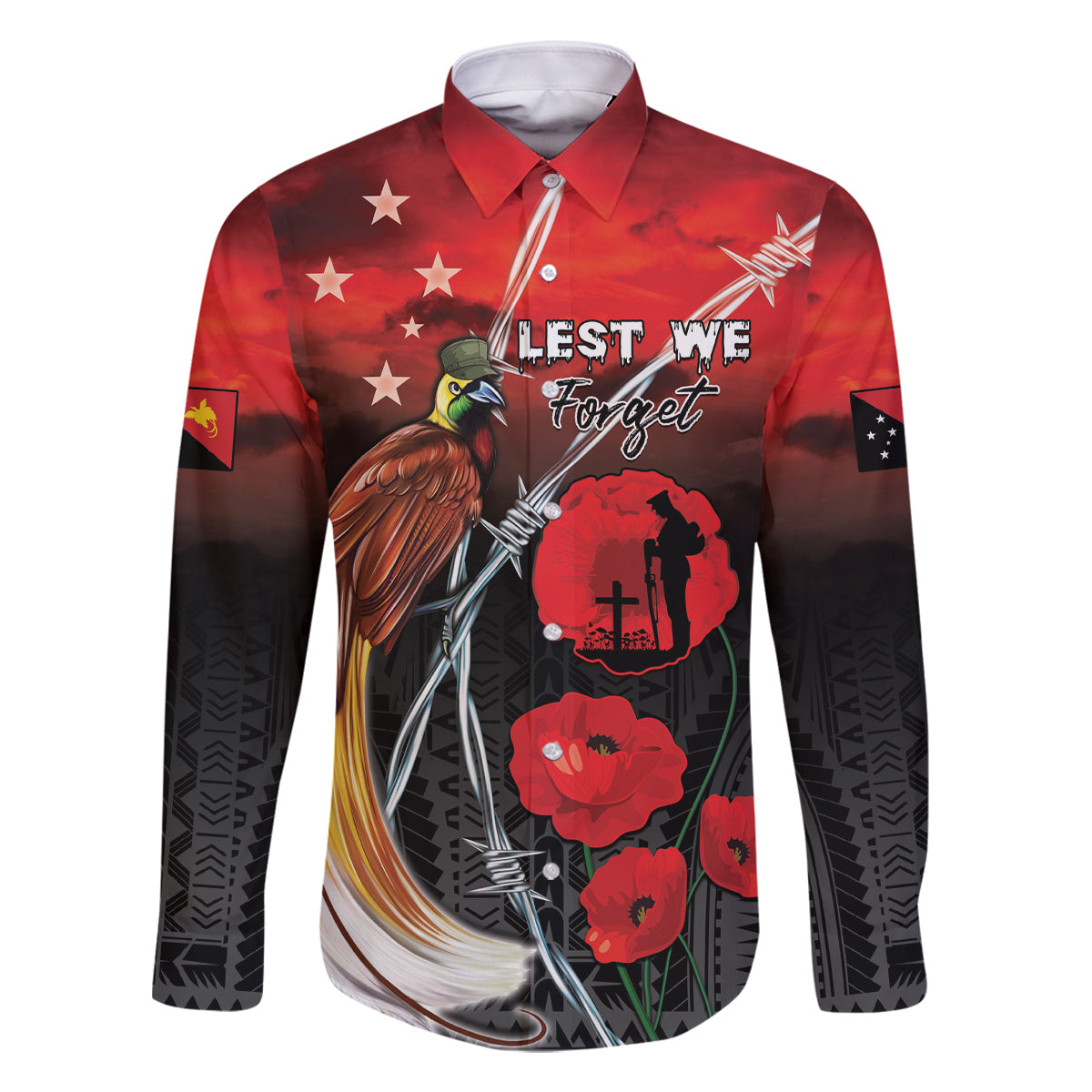 Papua New Guinea Remembrance Day Family Matching Mermaid Dress and Hawaiian Shirt Lest We Forget LT05 Dad's Shirt - Long Sleeve Red - Polynesian Pride