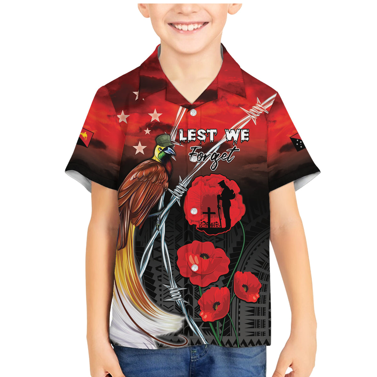 Papua New Guinea Remembrance Day Family Matching Mermaid Dress and Hawaiian Shirt Lest We Forget LT05 Son's Shirt Red - Polynesian Pride