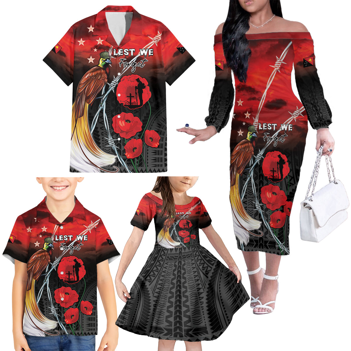 Papua New Guinea Remembrance Day Family Matching Off The Shoulder Long Sleeve Dress and Hawaiian Shirt Lest We Forget LT05 - Polynesian Pride
