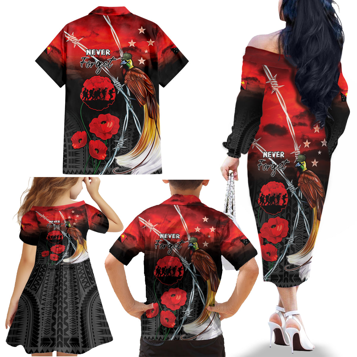 Papua New Guinea Remembrance Day Family Matching Off The Shoulder Long Sleeve Dress and Hawaiian Shirt Lest We Forget LT05 - Polynesian Pride