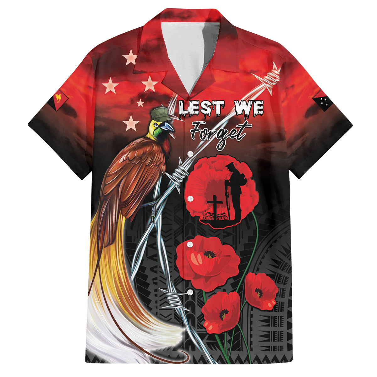 Papua New Guinea Remembrance Day Family Matching Off The Shoulder Long Sleeve Dress and Hawaiian Shirt Lest We Forget LT05 Dad's Shirt - Short Sleeve Red - Polynesian Pride