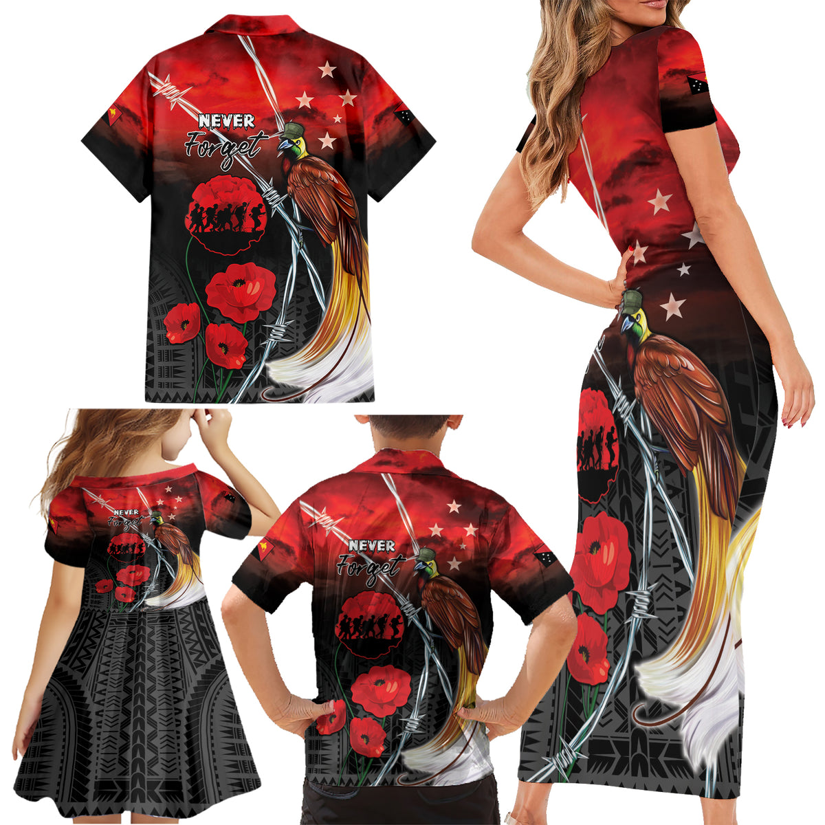 Papua New Guinea Remembrance Day Family Matching Short Sleeve Bodycon Dress and Hawaiian Shirt Lest We Forget LT05 - Polynesian Pride