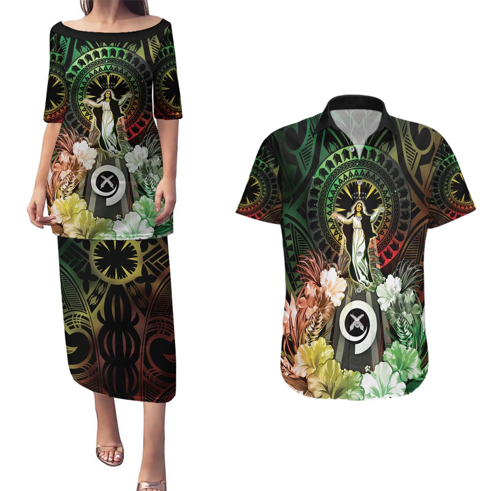 Vanuatu Happy Assumption Day Couples Matching Puletasi and Hawaiian Shirt