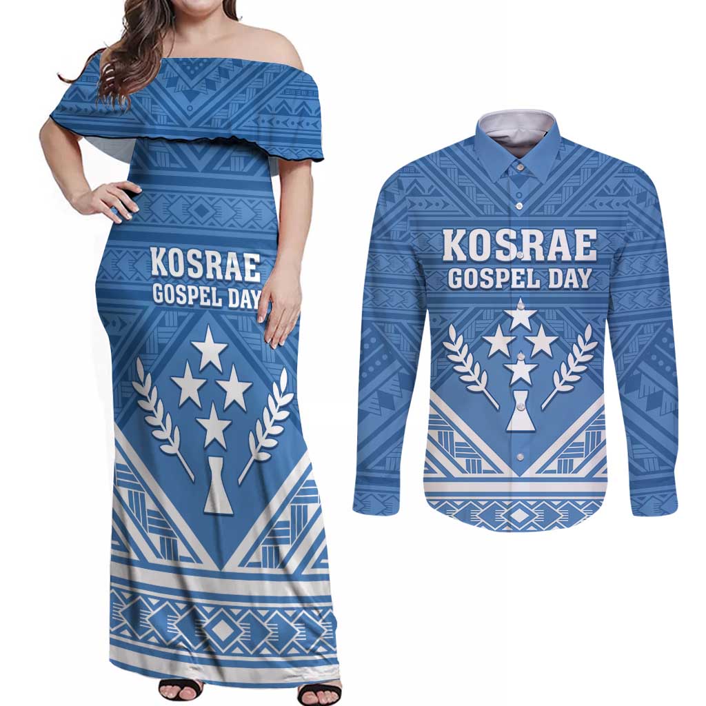 Personalised Kosrae State Gospel Day Couples Matching Off Shoulder Maxi Dress and Long Sleeve Button Shirt Simple Style LT05 Blue - Polynesian Pride
