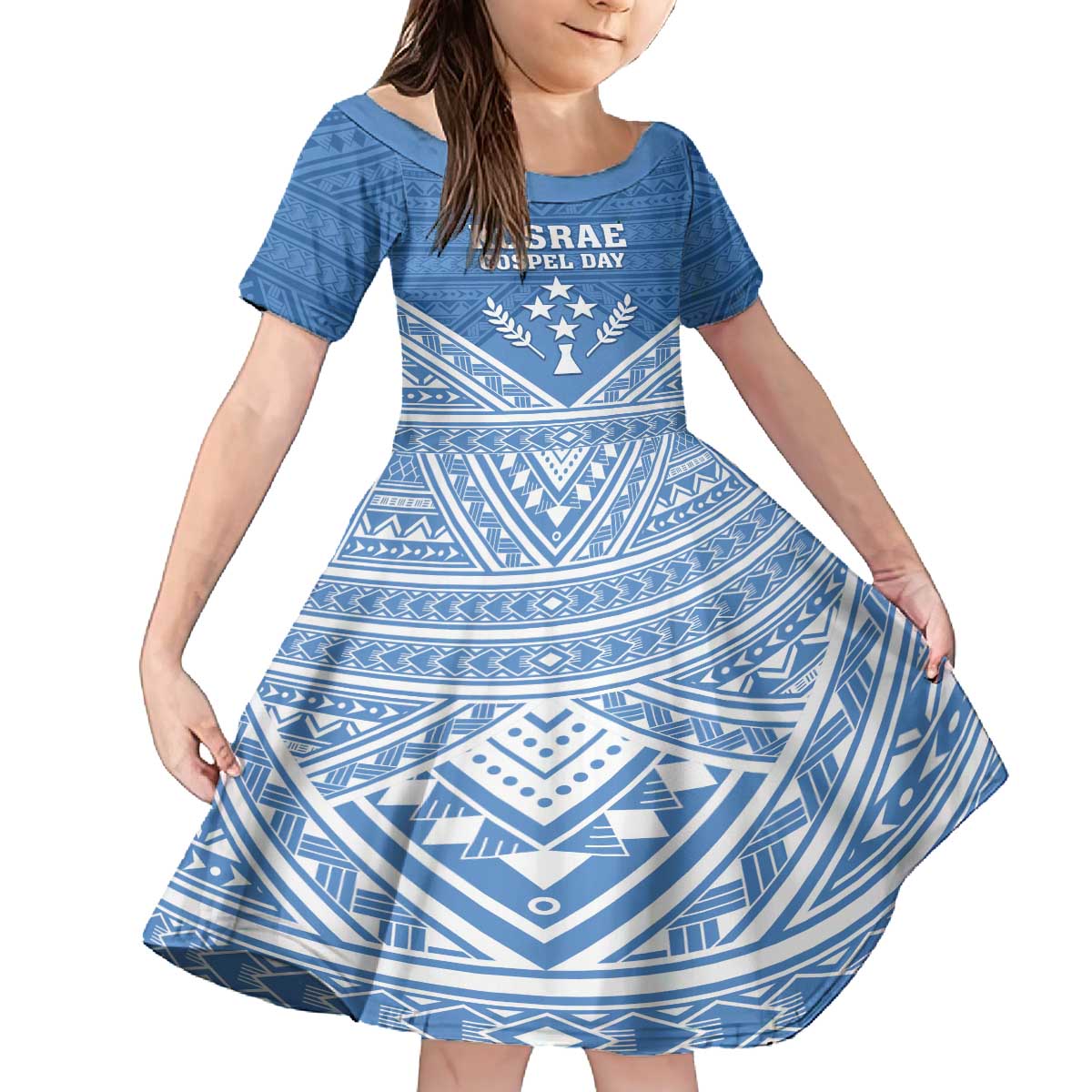 Personalised Kosrae State Gospel Day Family Matching Off The Shoulder Long Sleeve Dress and Hawaiian Shirt Simple Style LT05 Daughter's Dress Blue - Polynesian Pride