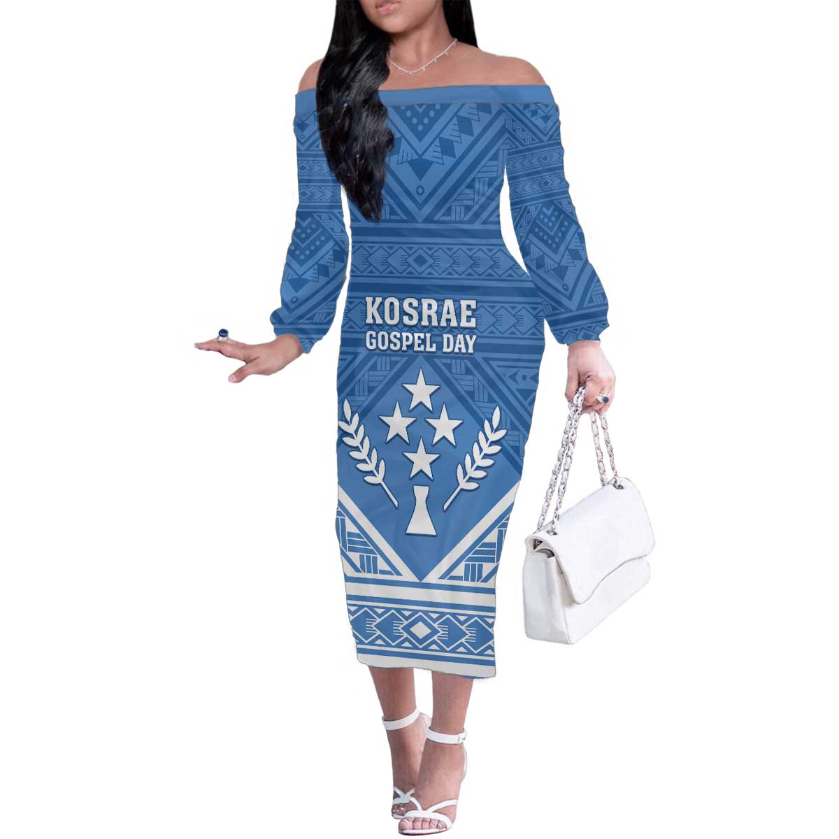 Personalised Kosrae State Gospel Day Family Matching Off The Shoulder Long Sleeve Dress and Hawaiian Shirt Simple Style LT05 Mom's Dress Blue - Polynesian Pride