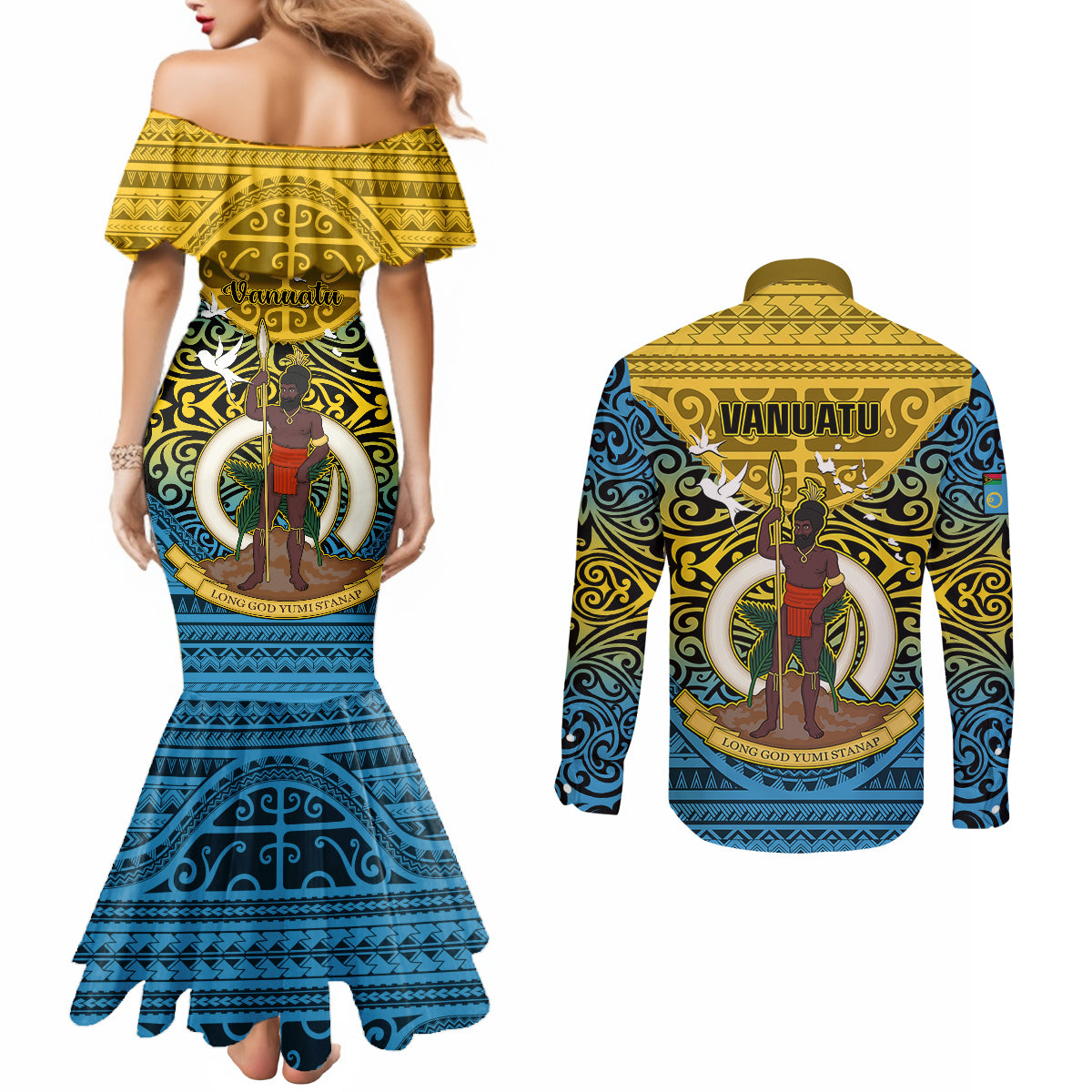 Vanuatu Sanma Province Couples Matching Mermaid Dress and Long Sleeve Button Shirts Coat Of Arms And Namele Fern Polynesian Pattern LT05 - Polynesian Pride