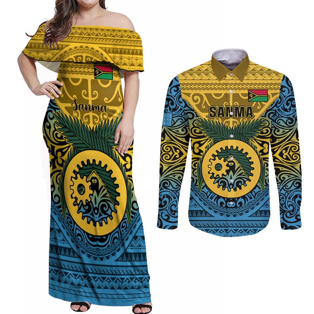 Vanuatu Sanma Province Couples Matching Off Shoulder Maxi Dress and Long Sleeve Button Shirts Coat Of Arms And Namele Fern Polynesian Pattern LT05 Yellow - Polynesian Pride