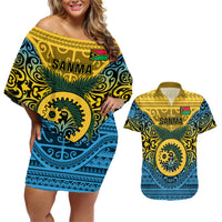 Vanuatu Sanma Province Couples Matching Off Shoulder Short Dress and Hawaiian Shirt Coat Of Arms And Namele Fern Polynesian Pattern LT05 Yellow - Polynesian Pride