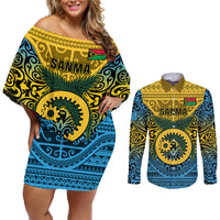 Vanuatu Sanma Province Couples Matching Off Shoulder Short Dress and Long Sleeve Button Shirts Coat Of Arms And Namele Fern Polynesian Pattern LT05 Yellow - Polynesian Pride